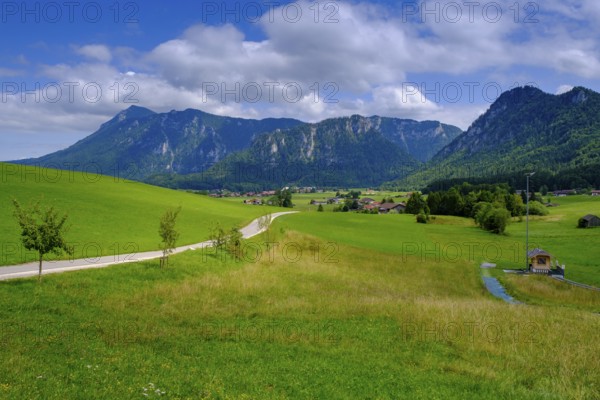View from the Kesselalm near Inzell, to Hinterstaufen, Chiemgau, Upper Bavaria, Bavaria, Germany