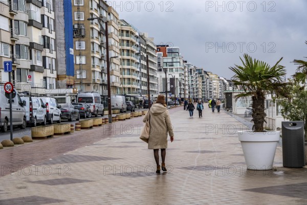 Zeedijk-Knokke, beach promenade in Knokke-Heist, on the North Sea beach, dreary winter day, mostly apartment buildings with rental or condominiums, high-rise buildings on the street, Belgium