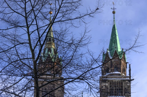 Towers of the Gothic Church of St. Lorenz, Nuremberg, Middle Franconia, Bavaria, Germany