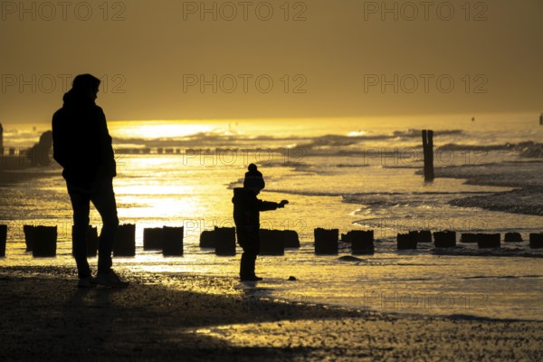 Winter on the North Sea, sunset at sea, beach walkers, coastal protection, through wooden posts, paalhoofden, on the beach, breakwater, the piles rammed into the sandy soil in double rows slow down the waves and ocean currents and thus slow down the flow rate of seawater, so less sand is washed away from the standing position, near Domburg, Walcheren peninsula in the Dutch province of Zeeland