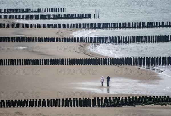 Coastal protection, through wooden posts, paalhoofden, on the beach, breakwater, the piles, some of which are rammed into the sandy soil in double rows, slow down the waves and ocean currents and thus slow down the flow rate of seawater, so less sand is washed away from the stand, near Westkapelle, Walcheren peninsula in the Dutch province of Zeeland