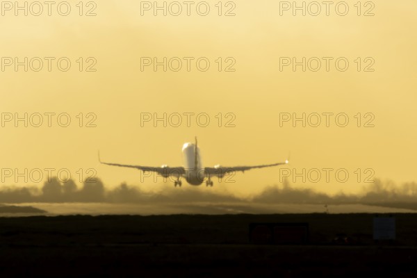 Airbus commercial passenger airliner jet aircraft taking off in flight at sunset at London Stansted airport, Essex, England, United Kingdom