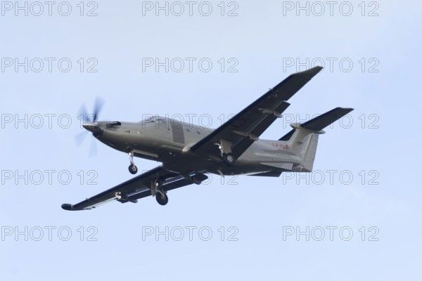 Pilatus PC-12 NG prop aircraft LX-FLG in flight on approach to land at London Stansted airport, Essex, England, United Kingdom