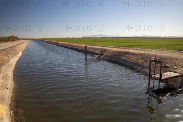 Buckeye, Arizona - A canal carries irrigation water to crops growing on a farm in the Arizona desert. Water availability is an increasing problem as drought affects the western U.S
