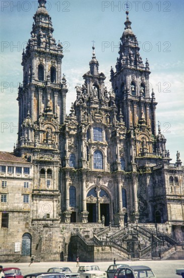 Churrigueresque architectural style of frontage of cathedral church, Santiago de Compostela, Galicia, Spain, Europe 1968