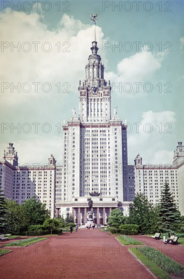 Stalinist sera architecture of the main building of Lomonosov Moscow State University completed 1953, Moscow, Russia photographed 1971