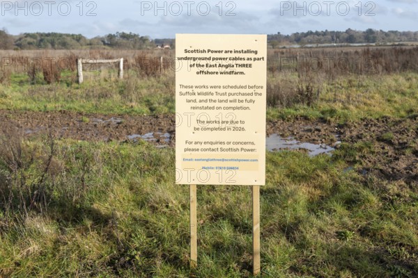 Scottish Power East Anglia Three offshore windfarm sign for work at Martlesham Wilds, Suffolk, England, UK