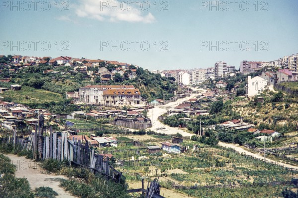 Informal housing area shanty town buildings developing in suburbs of Lisbon, Portugal, Europe 1968