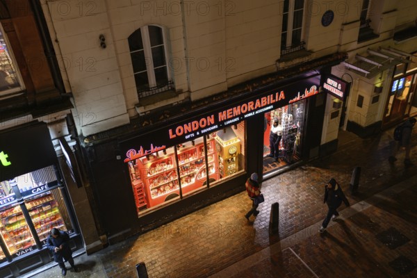 London, UK. January 31st 2025. London Memorabilia shop window at night selling tourist souvenirs and gifts in central London, UK