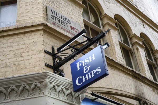 A traditional British fish and chip shop restaurant on the south bank of the River Thames, London UK