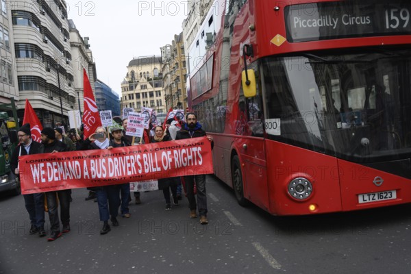 London, UK. January 30th 2025. A demonstration in the West End of London by the trade Union Unite Members of Unite the Union representing bus drivers have called on Transport for London to adopt their Bus Driver Bill of Rights