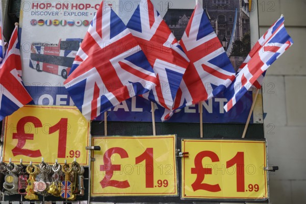 London, UK. January 30th 2025. Souvenir gifts and Union Jack flags for sale to tourists priced one pound and ninety nine pence at Piccadilly Circus, London, UK