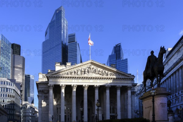 London, UK. January 29th 2025 The Royal Exchange building flanked by Threadneedle Street and Bank Junction in the heart of the City of London, financial and commercial heart of the capital, UK