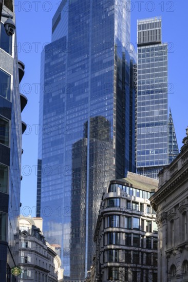 London, UK. January 29th 2025. Modern skyscraper office buildings tower over historic Threadneedle Street in the City of London, the finance and corporate heart of the United Kingdom