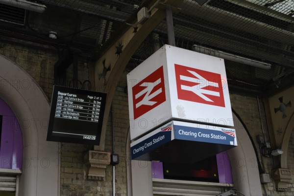 London, UK. January 30th 2025. Train departure times displayed on board beside the British Rail logo outside Charing Cross railway and tube station, City of Westminster, London, UK