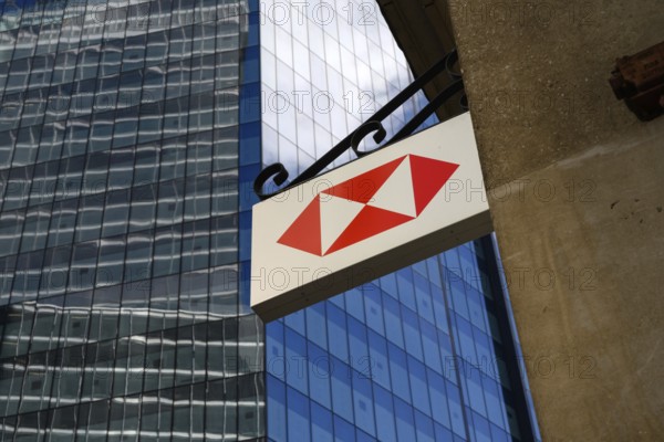 The logo of HSBC Holdings PLC, a British universal bank and financial services group with headquarters in London, England, United Kingdom
