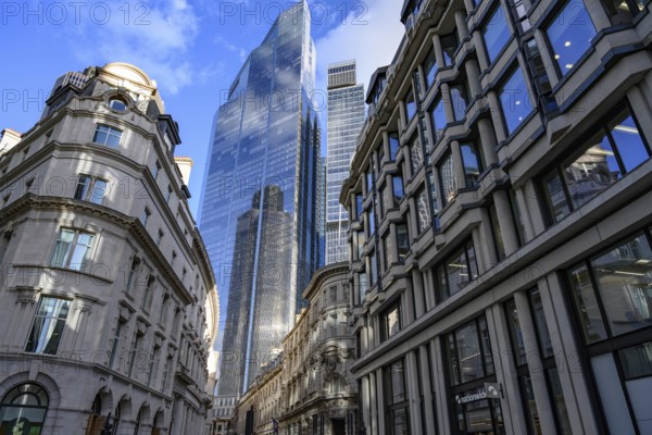 London, UK. January 29th 2025 Modern glass fronted office buildings tower over historic Threadneedle Street in the City of London, the finance and corporate heart of the United Kingdom
