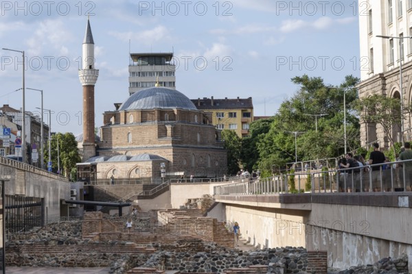 Sofia, Bulgaria. June 21st 2025. Central Mosque of Sofia, Banya Bashi Mosque near the Bulgarian Synagogue and St Petka Church in the Square of Tolerance, Serdika, Sofia, Bulgaria