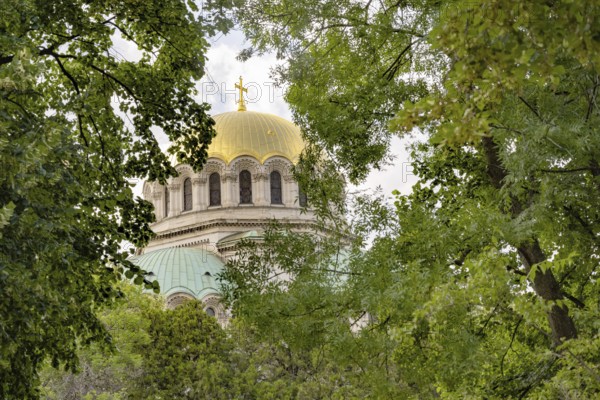 Sofia, Bulgaria. June 21st 2025. Gold dome and architectural detail of the Patriarchal Cathedral St. Alexander Nevsky, iconic Christian landmark of Sofia, capital of Bulgaria