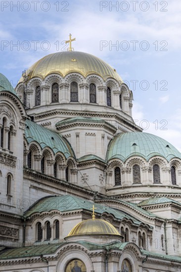 Sofia, Bulgaria. June 21st 2025. Gold dome and architectural detail of the Patriarchal Cathedral St. Alexander Nevsky, iconic Christian landmark of Sofia, capital of Bulgaria
