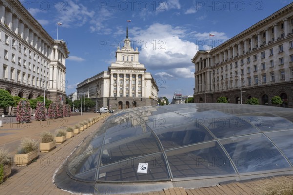 Sofia, Bulgaria. June 21st 2025. The Largo, an architectural complex of three Socialist Classicism buildings around Independence Square, iconic landmarks of central Sofia, capital of Bulgaria