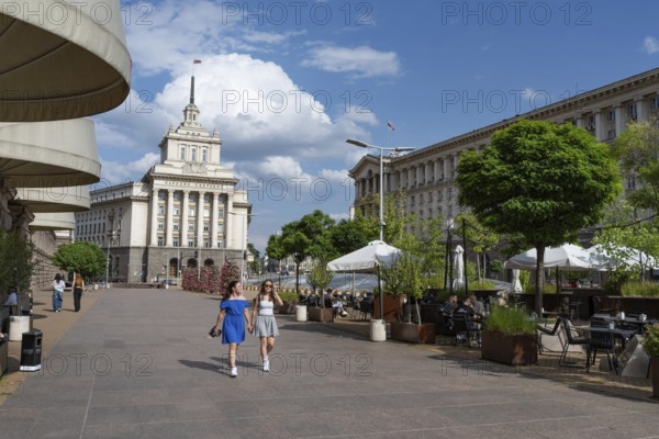 Sofia, Bulgaria. June 21st 2025. Café culture at The Largo, an architectural complex of three Socialist Classicism buildings around Independence Square, iconic landmarks of central Sofia, capital of Bulgaria