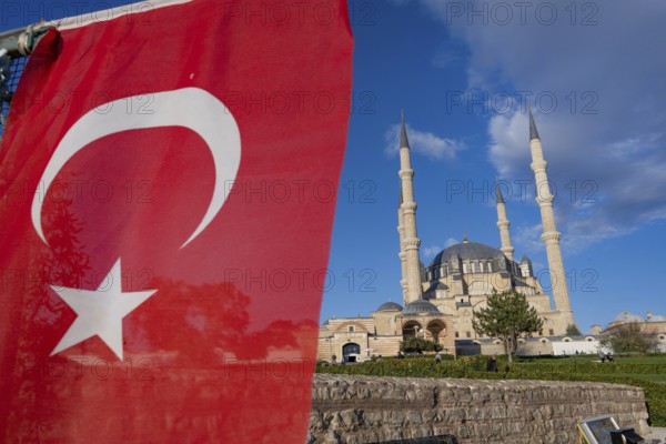 Edirne, Turkey. October 4th 2025. The Ottoman imperial Selimiye Mosque with the Turkish national flag, built by Mimar Sinan, famous Islamic architect of the 16th century