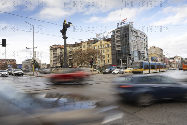Sofia, Bulgaria. November 23rd 2025. The Monument of Saint Sofia, Patron of City and central landmark located at a busy traffic intersection near the Largo and Serdika station