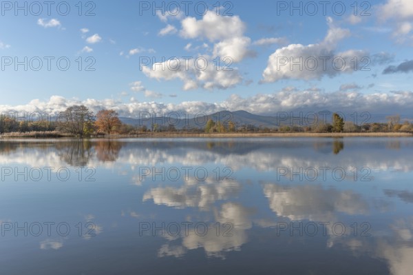 The river flows flat and reflects clouds and mountains under a clear sky. Autumn trees draw the shoreline. It is a quiet moment on the water's edge. Bas Rhin, Alsace, France