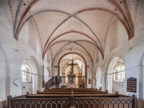 Interior of the Gothic village church in Altenkirchen, Rügen island, Wittow peninsula, Mecklenburg-Western Pomerania, Germany