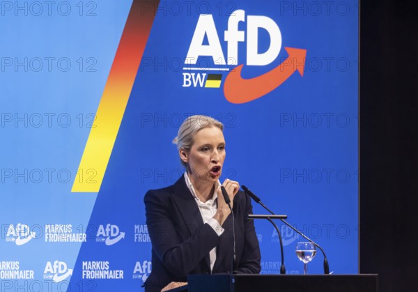 Alice Weidel, co-chair of the parliamentary group of the right-wing populist and far-right Alternative for Germany AfD party. Federal spokesperson for the party. Campaign rally for the state election in Baden-Württemberg of the AfD party in the Congress Center Pforzheim CCP. Pforzheim, Baden-Württemberg, Germany