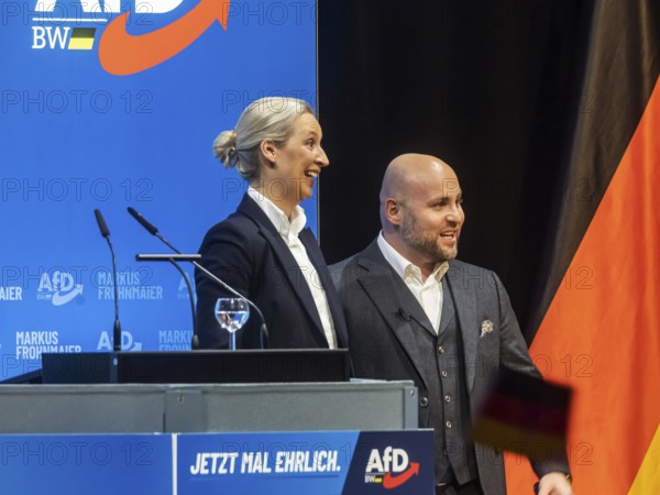 Campaign event for the state election of the AfD party at the Congress Centre Pforzheim CCP. Markus Frohnmaier (MdB, right) is the leading candidate for the office of Minister President in Baden-Württemberg. Alice Weidel, co-chair of the parliamentary group of the right-wing populist and far-right party Alternative for Germany AfD. Federal spokesperson of the party. Pforzheim, Baden-Württemberg, Germany