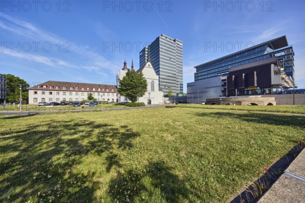 MaxCologne high-rise building, Lanxess, corporate headquarters, Lanxess Tower, Alt St. Heribert church, general development, commercial building, modern architecture, lawn, trees, blue sky, cirrus clouds, Urbanstraße, Kennedy-Ufer, Cologne, district-free city, North Rhine-Westphalia, Germany