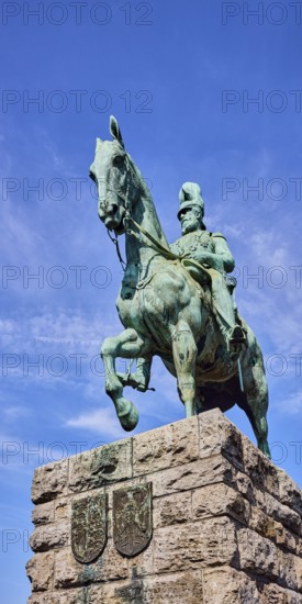 Emperor Frederick III, equestrian statue, sandstone pedestal, blue sky, cirrus clouds, Hohenzollern Bridge, Cologne, district-free city, North Rhine-Westphalia, Germany