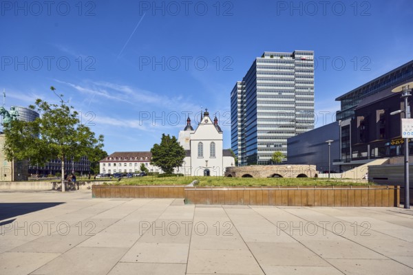 MaxCologne high-rise building, Lanxess, corporate headquarters, Lanxess Tower, Alt St. Heribert church, historic railway hub, general development, commercial building, modern architecture, lantern, lawn, trees, blue sky, cirrus clouds, Urbanstraße, Kennedy-Ufer, Cologne, district-free city, North Rhine-Westphalia, Germany