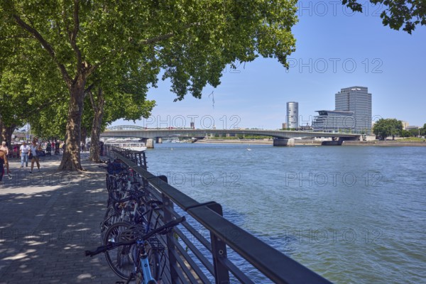 Rhine river, general architecture, MaxCologne high-rise building, bridge, Deutz bridge, metal railings, waterfront, trees, bicycles, pedestrians as accessories, image processing contrasts, blue sky, cloudless, Leystapelwerft, Cologne, district-free city, North Rhine-Westphalia, Germany