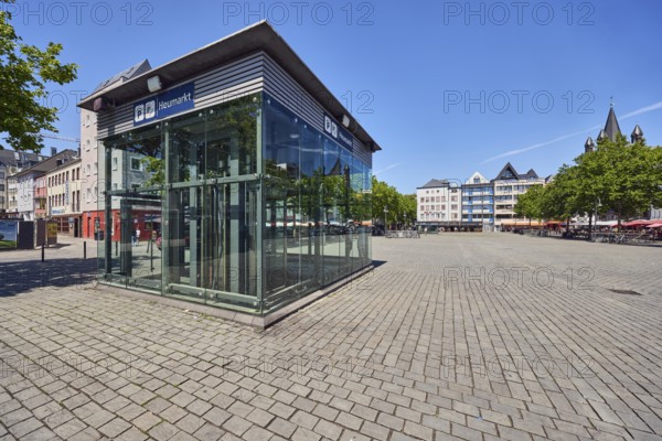 Underground car park, modern architecture, general development, paving stone square, trees, blue sky, cirrus clouds, hay market, Cologne, district-free city, North Rhine-Westphalia, Germany
