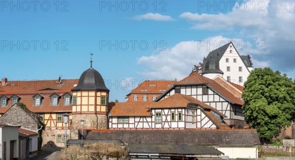 Large half-timbered buildings at Heringen Castle, Thuringia, Germany