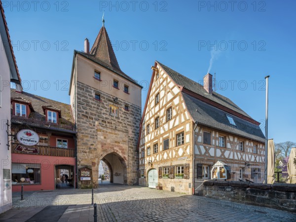 The Hersbrucker Tor and a half-timbered house in Lauf an der Pegnitz, Middle Franconia, Bavaria, Germany