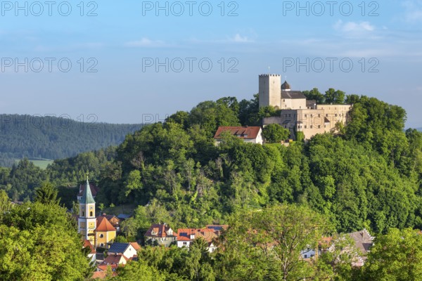 View of Falkenstein with St. Sebastian Church and Falkenstein Castle, Falkenstein, Bavarian Forest, Upper Palatinate, Bavaria, Germany