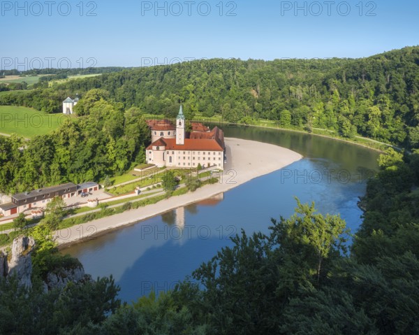 View of the Danube and Weltenburg Abbey at the Danube Breakthrough, Danube Valley near Kelheim, Lower Bavaria, Bavaria, Germany