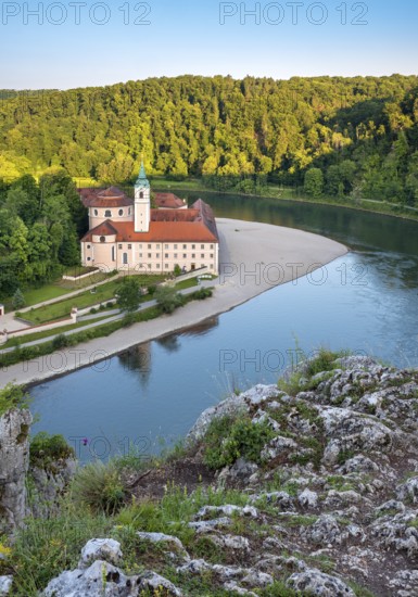 View of the Danube and Weltenburg Abbey at the Danube Breakthrough, Danube Valley near Kelheim, Lower Bavaria, Bavaria, Germany