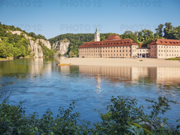 View across the Danube to Weltenburg Abbey at Danube Breakthrough, Danube Valley near Kelheim, Lower Bavaria, Bavaria, Germany