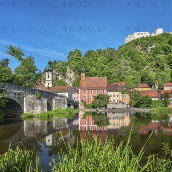 The historic old town with castle ruins, parish church of St. Michael and Steinerner Brücke on the Naab river, Kallmünz an der Naab, Upper Palatinate, Bavaria, Germany