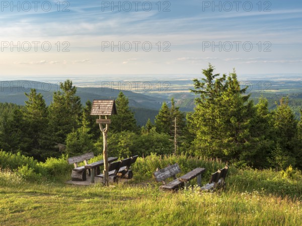 View from Schneekopf in the Thuringian Forest, Geratalblick signpost and table with benches for hikers, Gehlberg, Thuringia, Germany