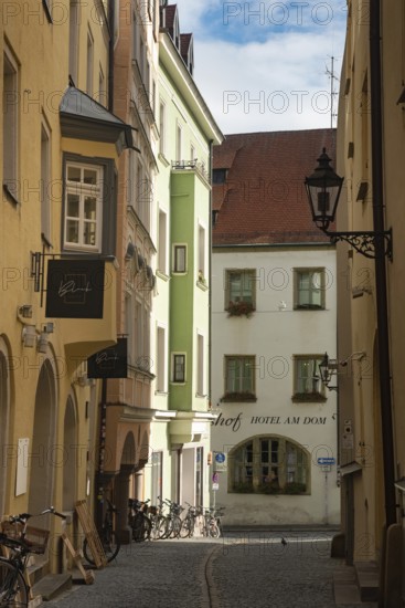 Regensburg, Germany. October 7th 2024 A cobbled alleyway and beautiful medieval architecture of German Bavarian city of Regensburg on the River Danube, Germany