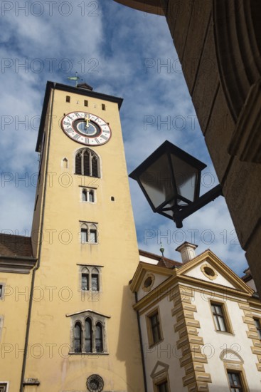 Regensburg, Germany. October 7th 2024 Regensburg clock tower and beautiful medieval architecture of German Bavarian city of Regensburg on the River Danube, Germany