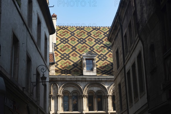 Dijon, France. September 19th 2024 Polychrome tiles and the elegant architecture of Dijon, a city in the historical French Burgundy region, known for its vineyards, mustard and rivers