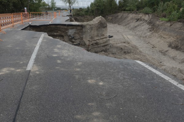 Flood damaged road subsidence in Lower Austria near the River Danube, Storm Boris caused extensive damage to infrastructure during heavy rainfall throughout central Europe