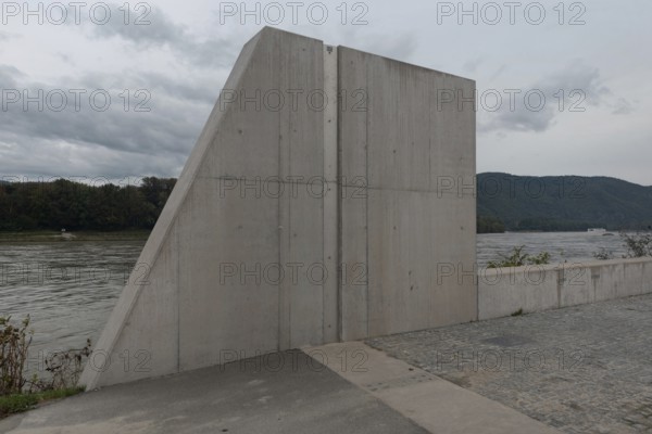 Concrete flood protection walls built as a barrier to prevent excessive flooding of the River Danube near the city of Melk in Austria